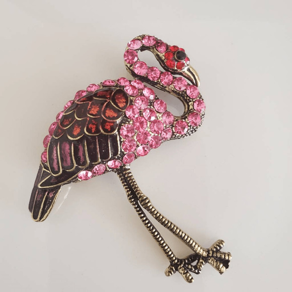 Pink Flamingo Brooch Covered with Various Shades of Pink Rhinestones‎ Tropical - Picture 3 of 5